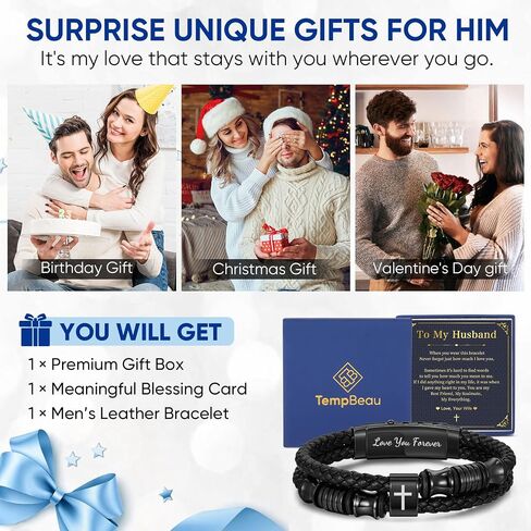 Leather Cross Bracelet Gifts for Men - Adjustable Double-Row Braided Leather Bracelets Faith Religious Catholic Christian Communion Baptism Easter Jewelry Gift for Men Boyfriend Husband Son Grandpa in Saudi Arabia
