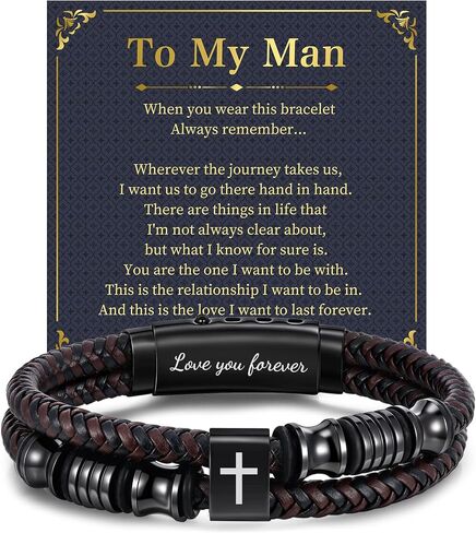 Leather Cross Bracelet Gifts for Men - Adjustable Double-Row Braided Leather Bracelets Faith Religious Catholic Christian Communion Baptism Easter Jewelry Gift for Men Boyfriend Husband Son Grandpa in Saudi Arabia