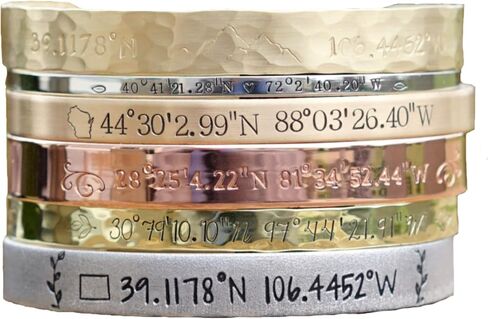Personalized Coordinate Cuff Bracelet in Silver, Bronze, Nickel, Gold, or Copper, 5-8" Long in Kuwait