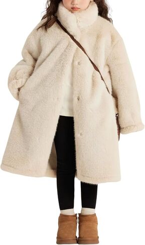 Girls Faux Fur Coat Long Sleeve Winter Fleece Fluffy Jacket Stand Collar Casual Trendy Warm Outerwear with Pockets in Saudi Arabia