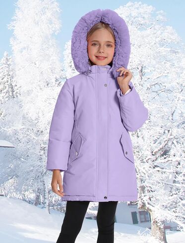 Happy Cherry Girls Winter Jacket Coats - Solid Color Raw Edge Kids Cute Warm Windproof Hooded Outwear Heavy Parka in Kuwait