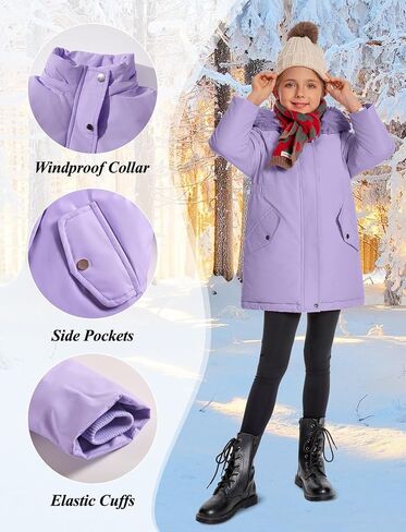 Happy Cherry Girls Winter Jacket Coats - Solid Color Raw Edge Kids Cute Warm Windproof Hooded Outwear Heavy Parka in Kuwait