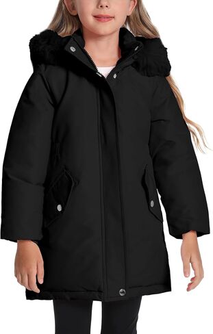 Happy Cherry Girls Winter Jacket Coats - Solid Color Raw Edge Kids Cute Warm Windproof Hooded Outwear Heavy Parka in Kuwait