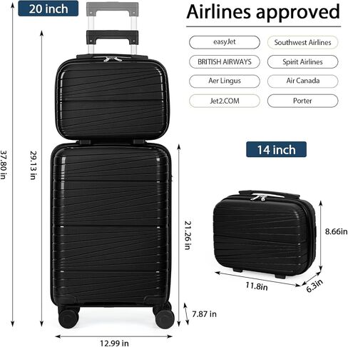 20 Inch Carry On Luggage Set with 14 Inch Cosmetic Case, Hardside Spinner Suitcase with 360° Wheels, Lightweight Travel Luggage (Shine Black) in Saudi Arabia