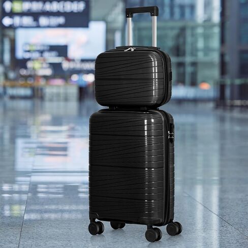 20 Inch Carry On Luggage Set with 14 Inch Cosmetic Case, Hardside Spinner Suitcase with 360° Wheels, Lightweight Travel Luggage (Shine Black) in Saudi Arabia