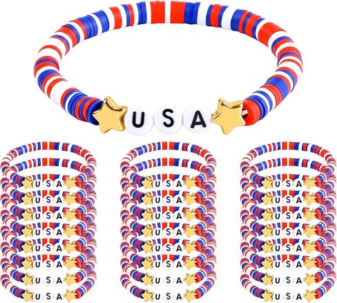 Astero Red White & Blue USA Bracelets Bulk– Stretchable Polymer Clay Beaded Jewelry for 4th of July, Patriotic Parade Favors, Memorial Day Decorations & 250th Anniversary Celebration Gifts in Saudi Arabia