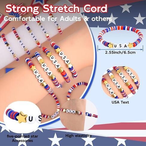 Astero Red White & Blue USA Bracelets Bulk– Stretchable Polymer Clay Beaded Jewelry for 4th of July, Patriotic Parade Favors, Memorial Day Decorations & 250th Anniversary Celebration Gifts in Saudi Arabia