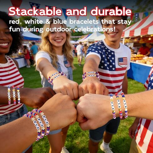 Astero Red White & Blue USA Bracelets Bulk– Stretchable Polymer Clay Beaded Jewelry for 4th of July, Patriotic Parade Favors, Memorial Day Decorations & 250th Anniversary Celebration Gifts in Saudi Arabia