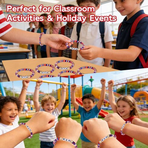 Astero Red White & Blue USA Bracelets Bulk– Stretchable Polymer Clay Beaded Jewelry for 4th of July, Patriotic Parade Favors, Memorial Day Decorations & 250th Anniversary Celebration Gifts in Saudi Arabia