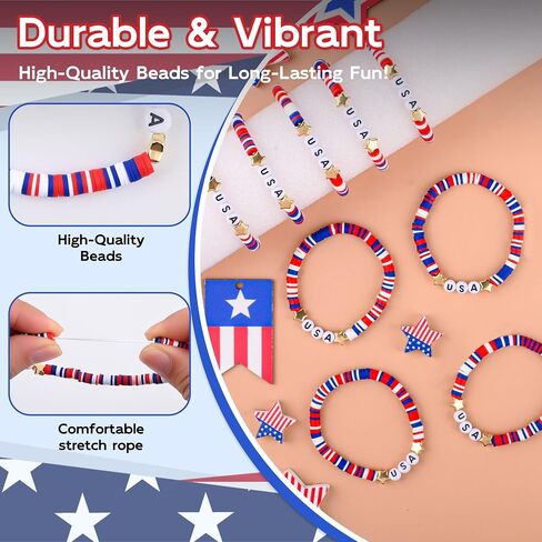 Astero Red White & Blue USA Bracelets Bulk– Stretchable Polymer Clay Beaded Jewelry for 4th of July, Patriotic Parade Favors, Memorial Day Decorations & 250th Anniversary Celebration Gifts in Saudi Arabia
