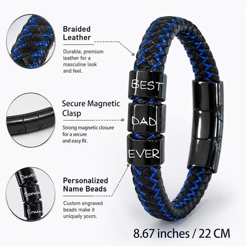 Fathers Day Bracelet for Dad Gifts,Custom Mens Bracelet with Engraved Names,Adjustable Braided Leather Bracelet Personalized Gifts for Husband Grandpa in Kuwait