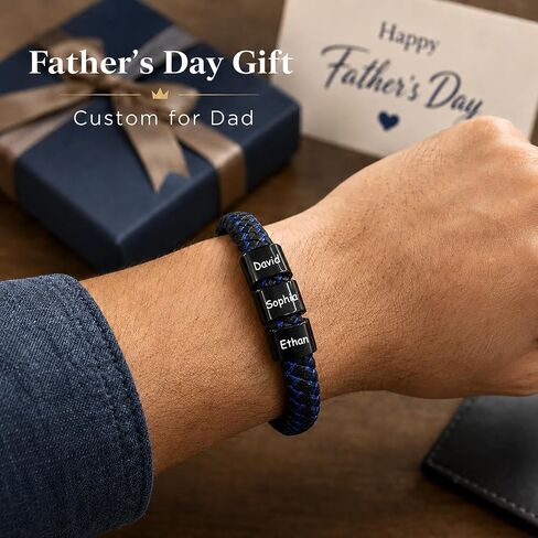 Fathers Day Bracelet for Dad Gifts,Custom Mens Bracelet with Engraved Names,Adjustable Braided Leather Bracelet Personalized Gifts for Husband Grandpa in Kuwait