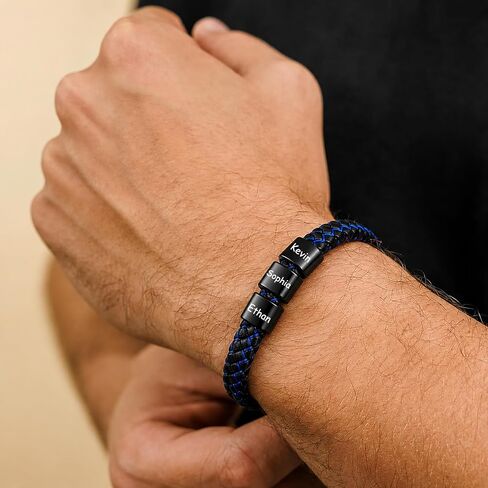 Fathers Day Bracelet for Dad Gifts,Custom Mens Bracelet with Engraved Names,Adjustable Braided Leather Bracelet Personalized Gifts for Husband Grandpa in Kuwait