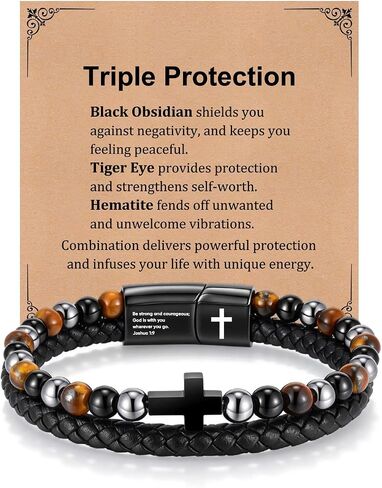FLHEART Fathers Day Cross Bracelet Gifts for Men Him - Triple Protection Healing Hematite Black Obsidian Tiger Eye Beaded Rosary Bracelets, Faith Religious Catholic Christian Communion Gift in Kuwait