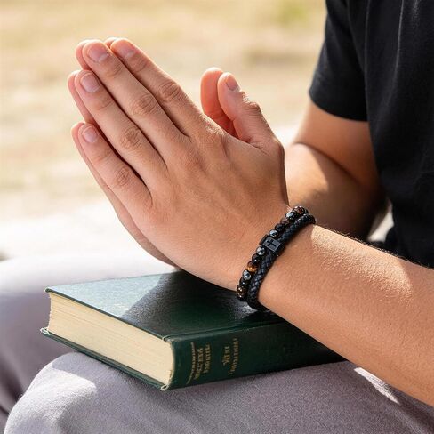 FLHEART Fathers Day Cross Bracelet Gifts for Men Him - Triple Protection Healing Hematite Black Obsidian Tiger Eye Beaded Rosary Bracelets, Faith Religious Catholic Christian Communion Gift in Kuwait