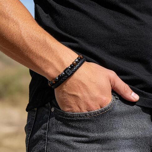 FLHEART Fathers Day Cross Bracelet Gifts for Men Him - Triple Protection Healing Hematite Black Obsidian Tiger Eye Beaded Rosary Bracelets, Faith Religious Catholic Christian Communion Gift in Kuwait
