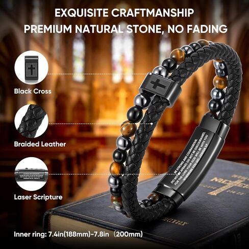 FLHEART Fathers Day Cross Bracelet Gifts for Men Him - Triple Protection Healing Hematite Black Obsidian Tiger Eye Beaded Rosary Bracelets, Faith Religious Catholic Christian Communion Gift in Kuwait
