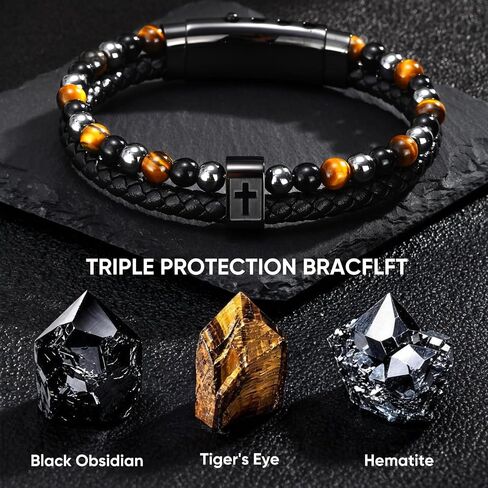 FLHEART Fathers Day Cross Bracelet Gifts for Men Him - Triple Protection Healing Hematite Black Obsidian Tiger Eye Beaded Rosary Bracelets, Faith Religious Catholic Christian Communion Gift in Kuwait