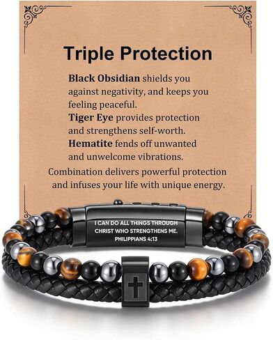 FLHEART Fathers Day Cross Bracelet Gifts for Men Him - Triple Protection Healing Hematite Black Obsidian Tiger Eye Beaded Rosary Bracelets, Faith Religious Catholic Christian Communion Gift in Kuwait