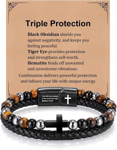 FLHEART Fathers Day Cross Bracelet Gifts for Men Him - Triple Protection Healing Hematite Black Obsidian Tiger Eye Beaded Rosary Bracelets, Faith Religious Catholic Christian Communion Gift in Kuwait