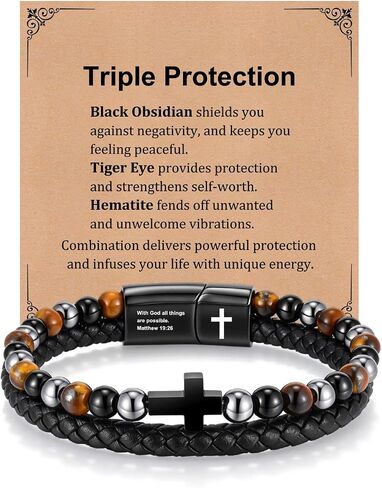 FLHEART Fathers Day Cross Bracelet Gifts for Men Him - Triple Protection Healing Hematite Black Obsidian Tiger Eye Beaded Rosary Bracelets, Faith Religious Catholic Christian Communion Gift in Kuwait