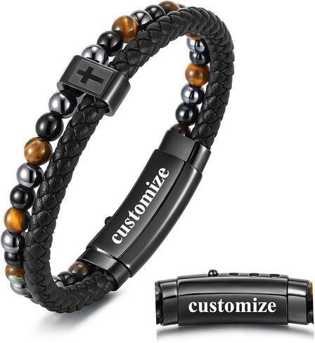 FLHEART Fathers Day Cross Bracelet Gifts for Men Him - Triple Protection Healing Hematite Black Obsidian Tiger Eye Beaded Rosary Bracelets, Faith Religious Catholic Christian Communion Gift in Kuwait