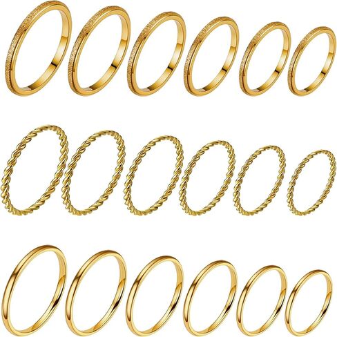 18Pcs No Tarnish Stainless Steel Thin Rings, PVD Gold Plated, 2mm, Bulk Stackable Band Rings for Women & Men in Kuwait