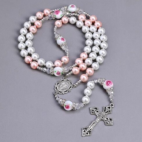 8mm Glass Pearl Beads Catholic Virgin Mary Rosary Necklace with Murano Rose Glory Beads for Women in Flannel Bag in Saudi Arabia
