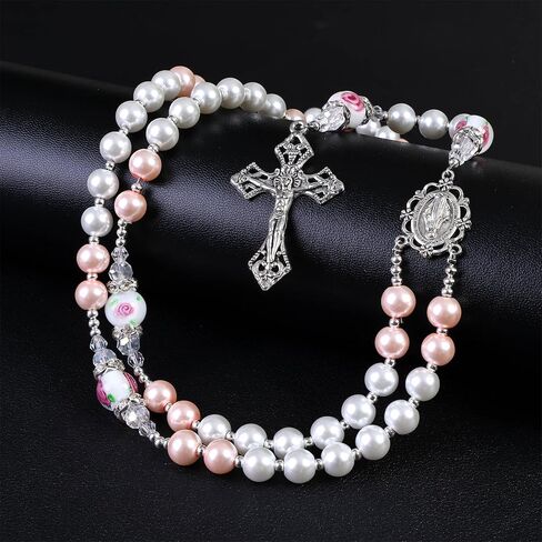 8mm Glass Pearl Beads Catholic Virgin Mary Rosary Necklace with Murano Rose Glory Beads for Women in Flannel Bag in Saudi Arabia