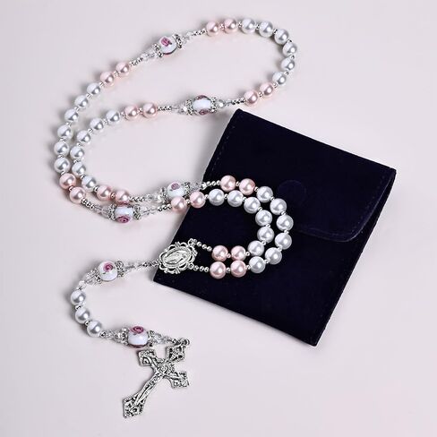 8mm Glass Pearl Beads Catholic Virgin Mary Rosary Necklace with Murano Rose Glory Beads for Women in Flannel Bag in Saudi Arabia