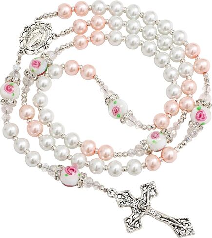 8mm Glass Pearl Beads Catholic Virgin Mary Rosary Necklace with Murano Rose Glory Beads for Women in Flannel Bag in Saudi Arabia