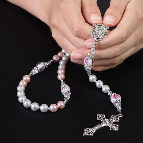 8mm Glass Pearl Beads Catholic Virgin Mary Rosary Necklace with Murano Rose Glory Beads for Women in Flannel Bag in Saudi Arabia