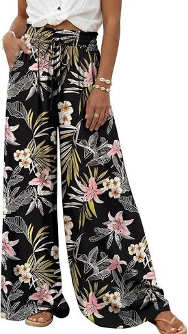 LILLUSORY Women Elastic Casual High Waist Wide Leg Pants 2026 Summer Long Palazzo Pant with Pocket Beach Vacation Clothes in Kuwait