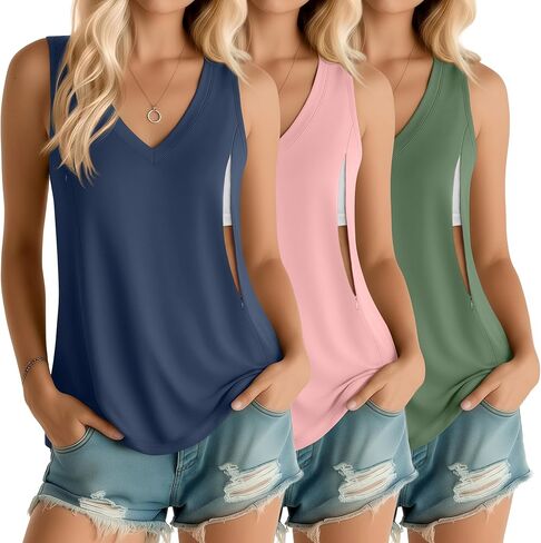 Ficerd 3 Pack Women's Nursing Tank Tops Breastfeeding Summer Hidden Zippers V Neck Sleeveless Shirts Loose Maternity Clothes(Small,Apple Green, Baby Pink, Haze Blue) in Kuwait