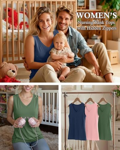 Ficerd 3 Pack Women's Nursing Tank Tops Breastfeeding Summer Hidden Zippers V Neck Sleeveless Shirts Loose Maternity Clothes(Small,Apple Green, Baby Pink, Haze Blue) in Kuwait