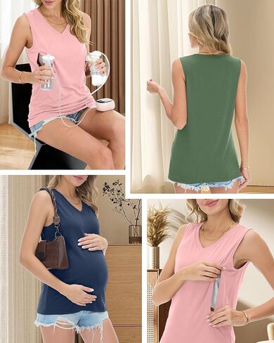 Ficerd 3 Pack Women's Nursing Tank Tops Breastfeeding Summer Hidden Zippers V Neck Sleeveless Shirts Loose Maternity Clothes(Small,Apple Green, Baby Pink, Haze Blue) in Kuwait