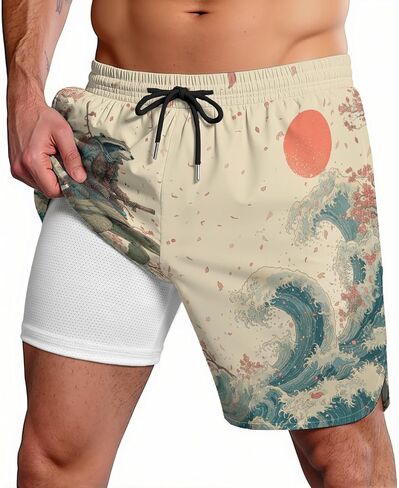 2 in 1 Mens Swim Trunks Funny Print Board Shorts Quick Dry Swimming Surf Shorts Compression Beach Wear in Saudi Arabia