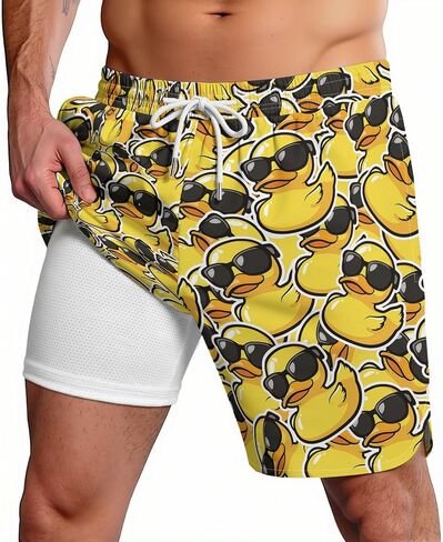 2 in 1 Mens Swim Trunks Funny Print Board Shorts Quick Dry Swimming Surf Shorts Compression Beach Wear in Saudi Arabia
