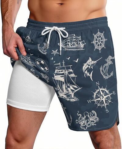 2 in 1 Mens Swim Trunks Funny Print Board Shorts Quick Dry Swimming Surf Shorts Compression Beach Wear in Saudi Arabia