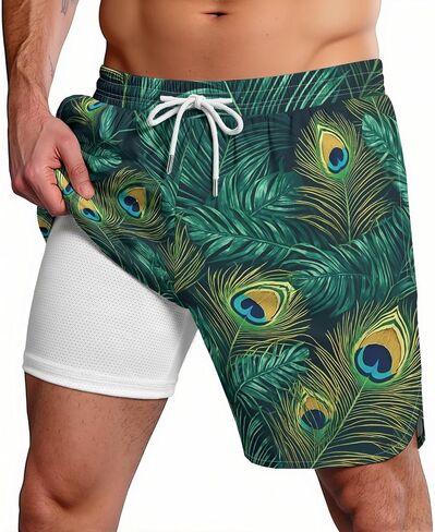 2 in 1 Mens Swim Trunks Funny Print Board Shorts Quick Dry Swimming Surf Shorts Compression Beach Wear in Saudi Arabia