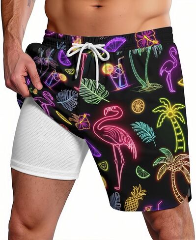 2 in 1 Mens Swim Trunks Funny Print Board Shorts Quick Dry Swimming Surf Shorts Compression Beach Wear in Saudi Arabia