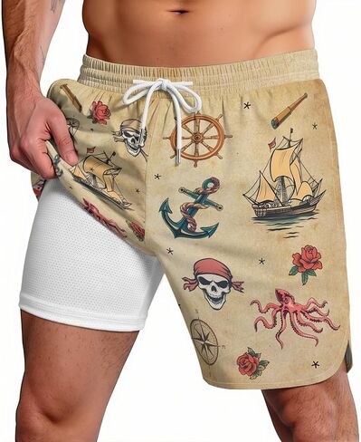 2 in 1 Mens Swim Trunks Funny Print Board Shorts Quick Dry Swimming Surf Shorts Compression Beach Wear in Saudi Arabia