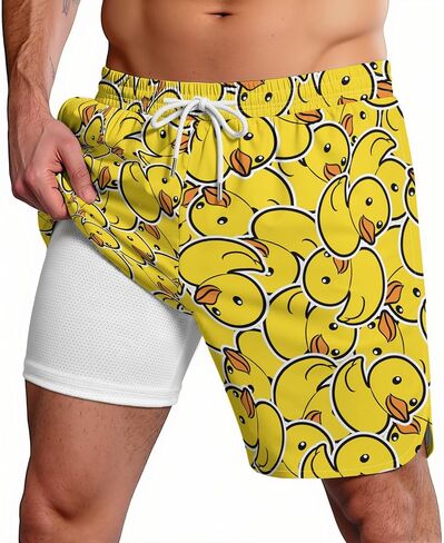 2 in 1 Mens Swim Trunks Funny Print Board Shorts Quick Dry Swimming Surf Shorts Compression Beach Wear in Saudi Arabia