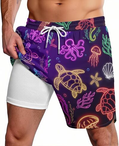 2 in 1 Mens Swim Trunks Funny Print Board Shorts Quick Dry Swimming Surf Shorts Compression Beach Wear in Saudi Arabia