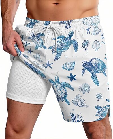 2 in 1 Mens Swim Trunks Funny Print Board Shorts Quick Dry Swimming Surf Shorts Compression Beach Wear in Saudi Arabia