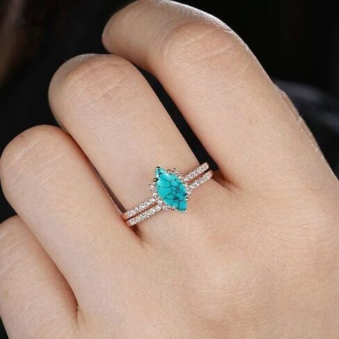 Elegant Blue Zirconia Wedding Ring Set | Minimalist Turquoise-Inspired Couple Bands | Modern Stackable Bridal Jewelry | Matching His & Hers Promise Rings Size 10 in Kuwait