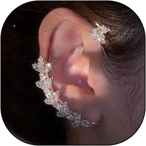 2PCS Sparkling Crystal Leaf Ear Cuffs Earrings for Women Vintage Zircon Ear Wrap Earrings Non-Pierced Cartilage Fake Earring Jewelry Gifts for Her in Kuwait