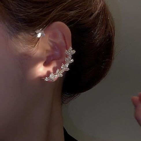 2PCS Sparkling Crystal Leaf Ear Cuffs Earrings for Women Vintage Zircon Ear Wrap Earrings Non-Pierced Cartilage Fake Earring Jewelry Gifts for Her in Kuwait
