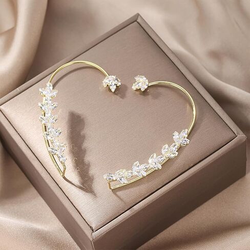 2PCS Sparkling Crystal Leaf Ear Cuffs Earrings for Women Vintage Zircon Ear Wrap Earrings Non-Pierced Cartilage Fake Earring Jewelry Gifts for Her in Kuwait