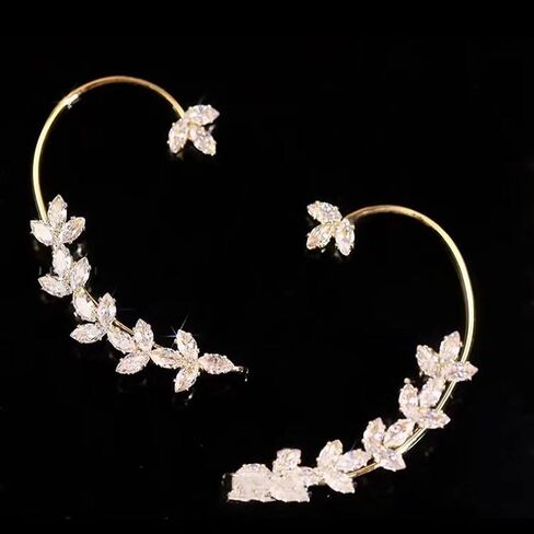2PCS Sparkling Crystal Leaf Ear Cuffs Earrings for Women Vintage Zircon Ear Wrap Earrings Non-Pierced Cartilage Fake Earring Jewelry Gifts for Her in Kuwait